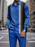 Men's striped printed button-down collar shirt and drawstring waist casual pants suit