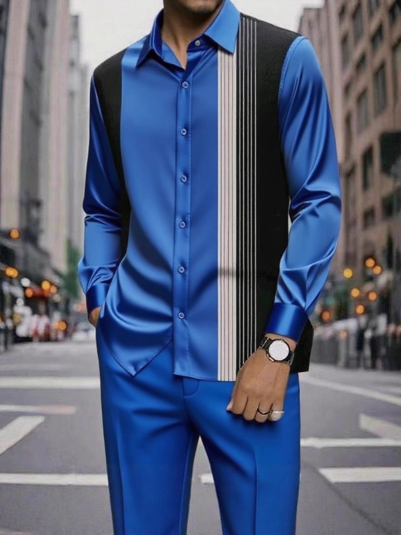 Men's striped printed button-down collar shirt and drawstring waist casual pants suit