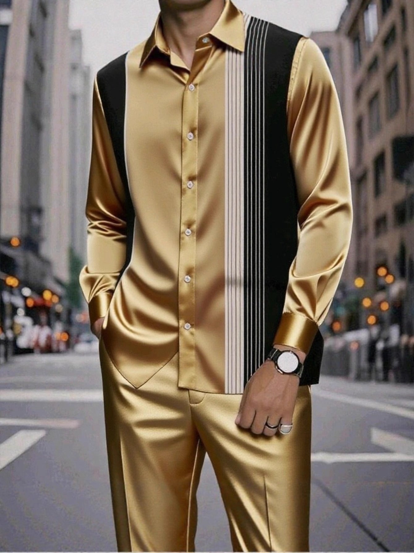 Men's striped printed button-down collar shirt and drawstring waist casual pants suit