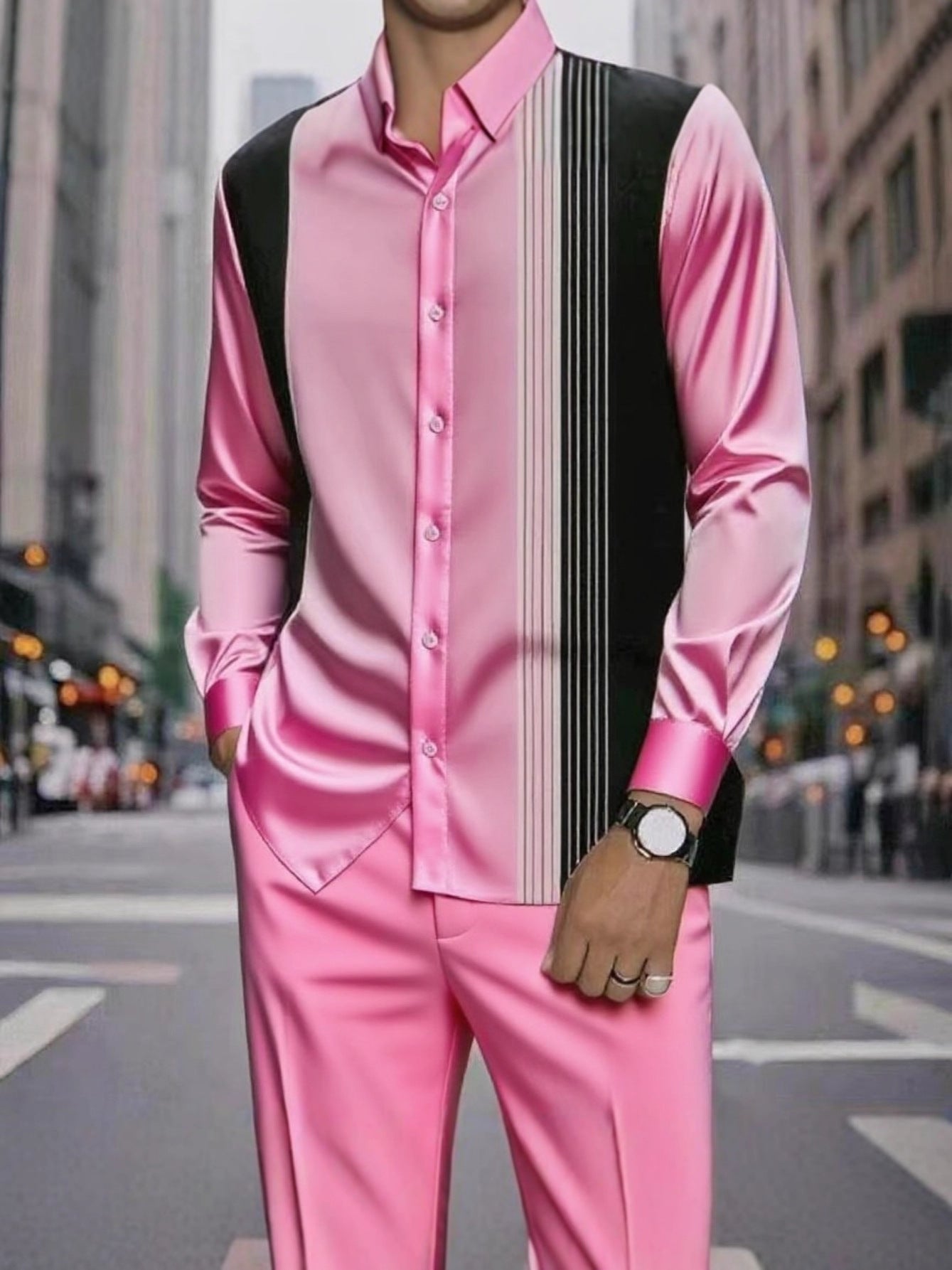 Men's striped printed button-down collar shirt and drawstring waist casual pants suit