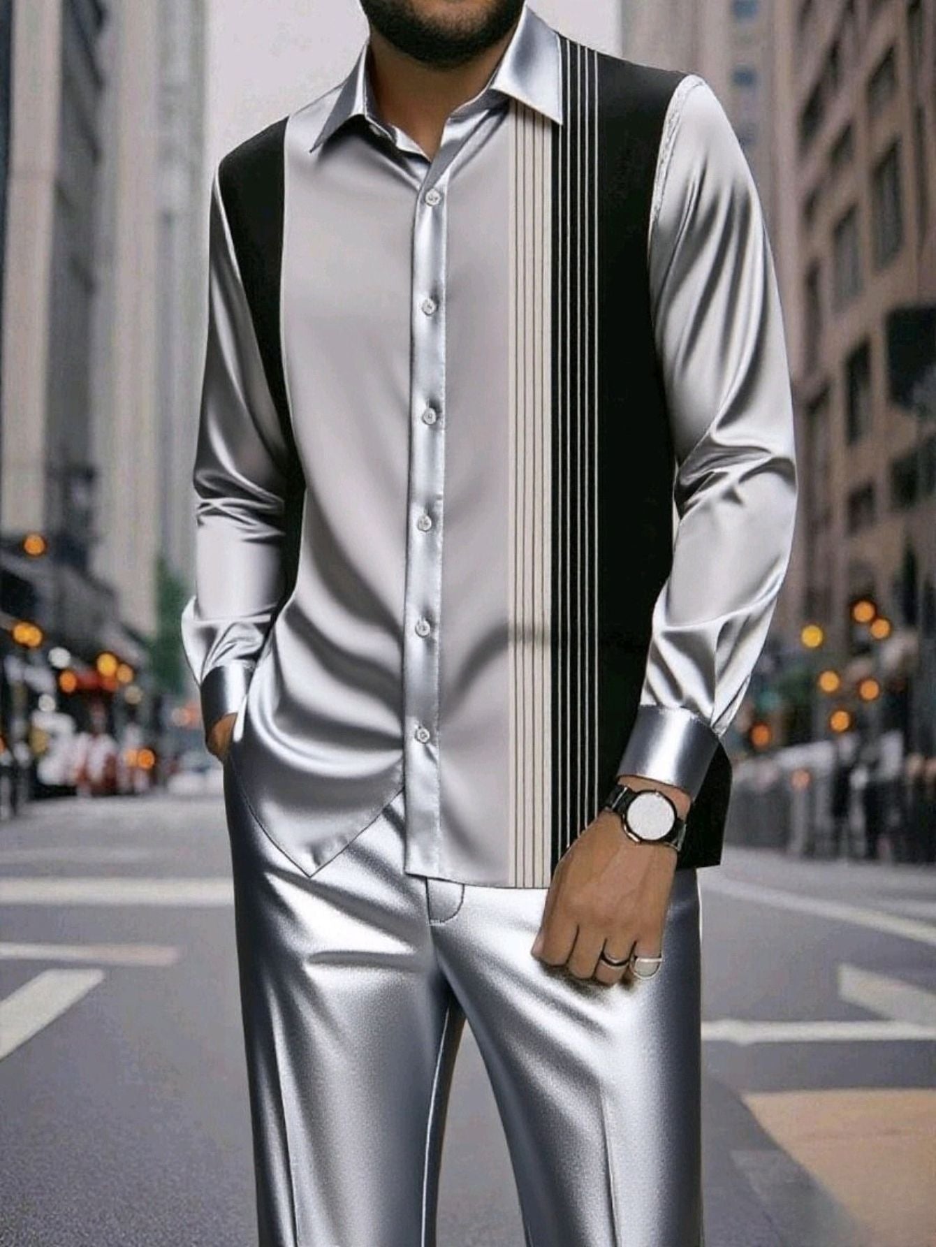 Men's striped printed button-down collar shirt and drawstring waist casual pants suit