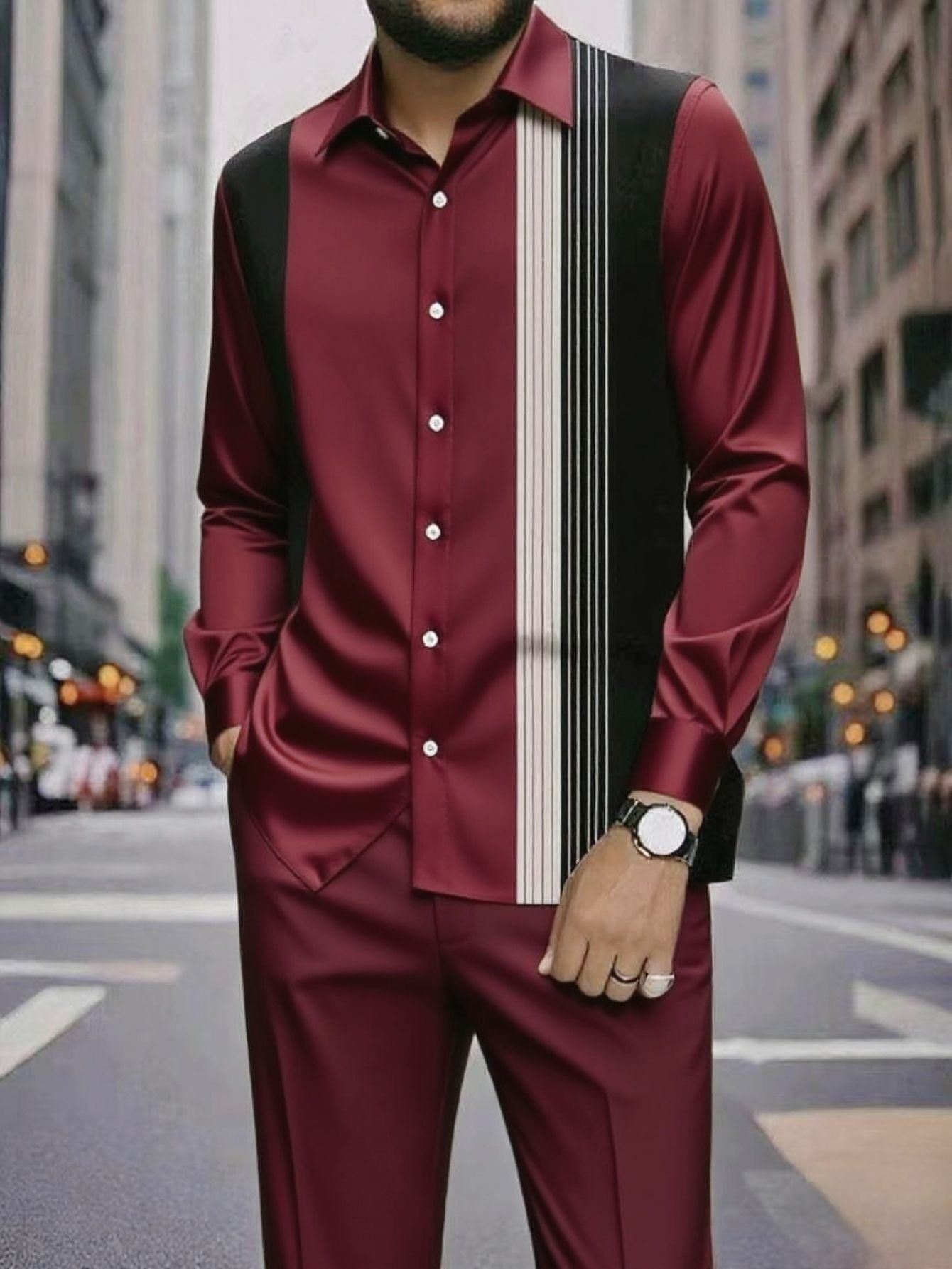 Men's striped printed button-down collar shirt and drawstring waist casual pants suit