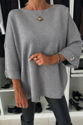 Solid color round neck long-sleeved knitted casual top