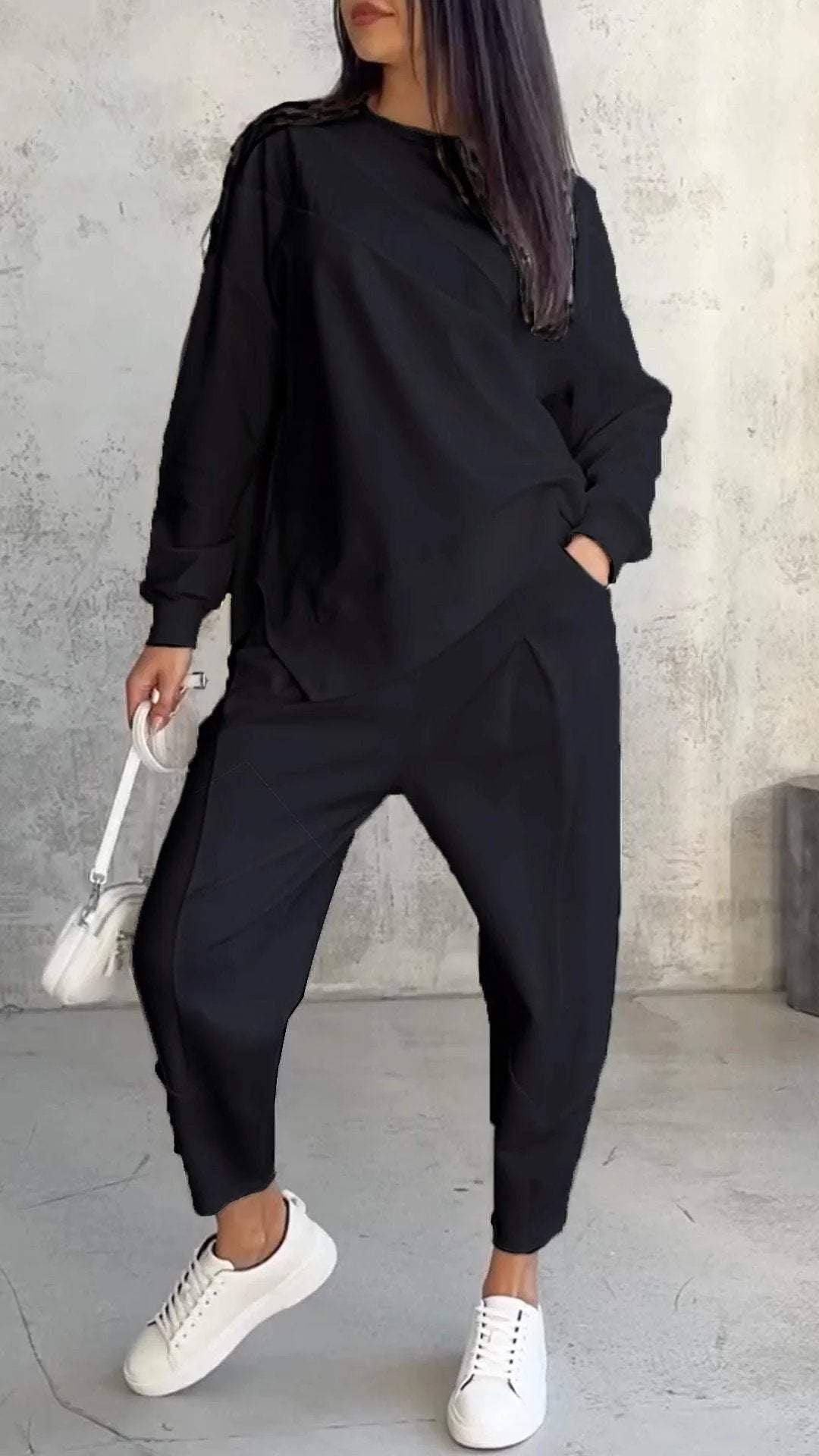 Casual Crew Neck Loose Irregular Long-Sleeve Sweatshirt Set