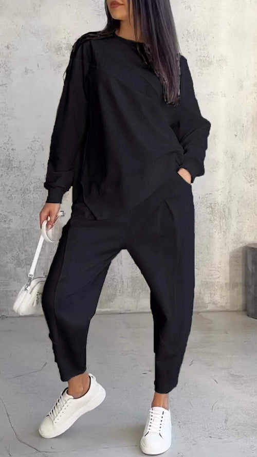 Casual Crew Neck Loose Irregular Long-Sleeve Sweatshirt Set