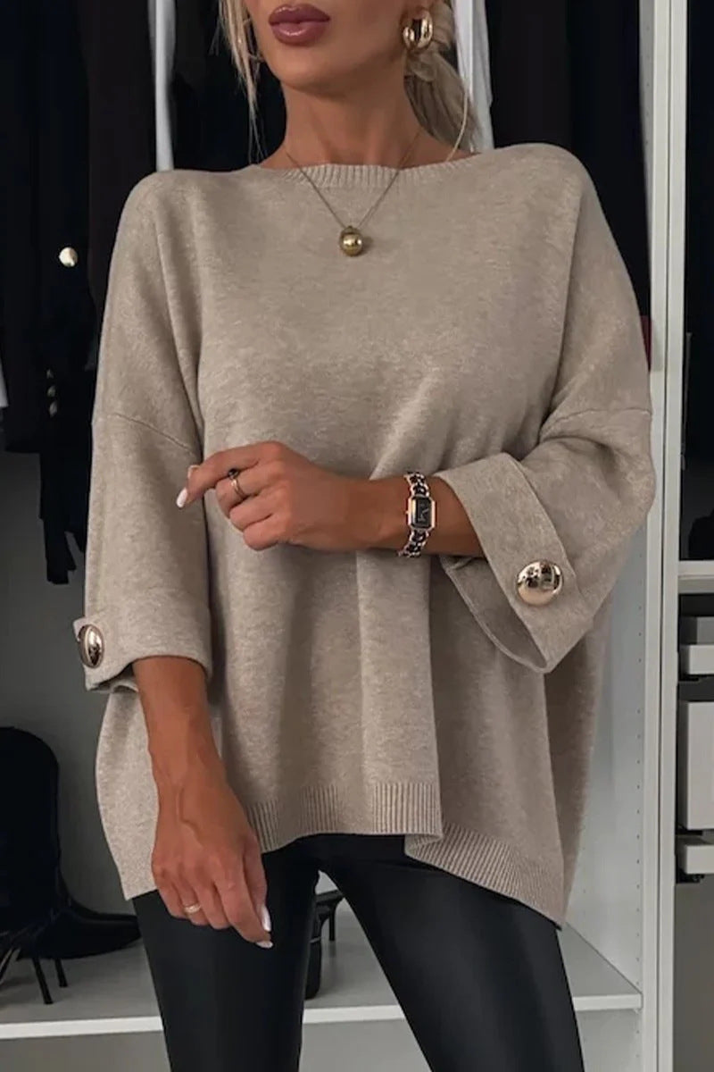 Solid color round neck long-sleeved knitted casual top