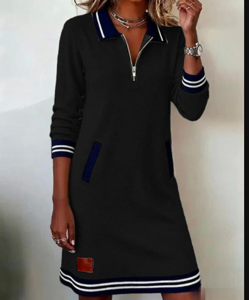 Spring Zipper Long-Sleeve Sweatshirt Dress