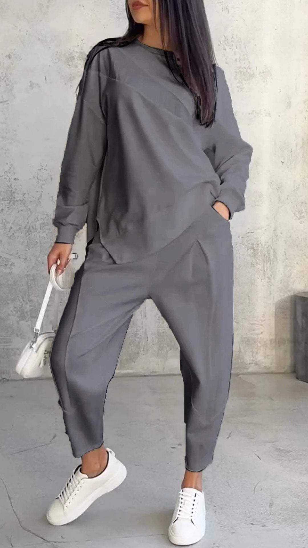Casual Crew Neck Loose Irregular Long-Sleeve Sweatshirt Set
