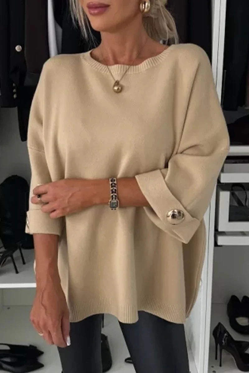 Solid color round neck long-sleeved knitted casual top