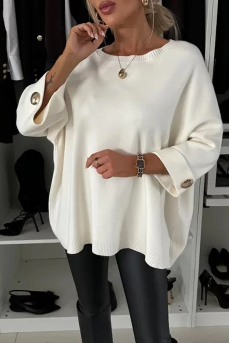 Solid color round neck long-sleeved knitted casual top