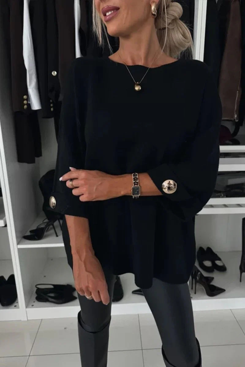 Solid color round neck long-sleeved knitted casual top