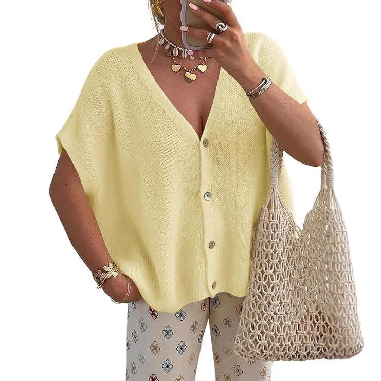 New loose-fitting short-sleeved V-neck solid color knit top for commuting