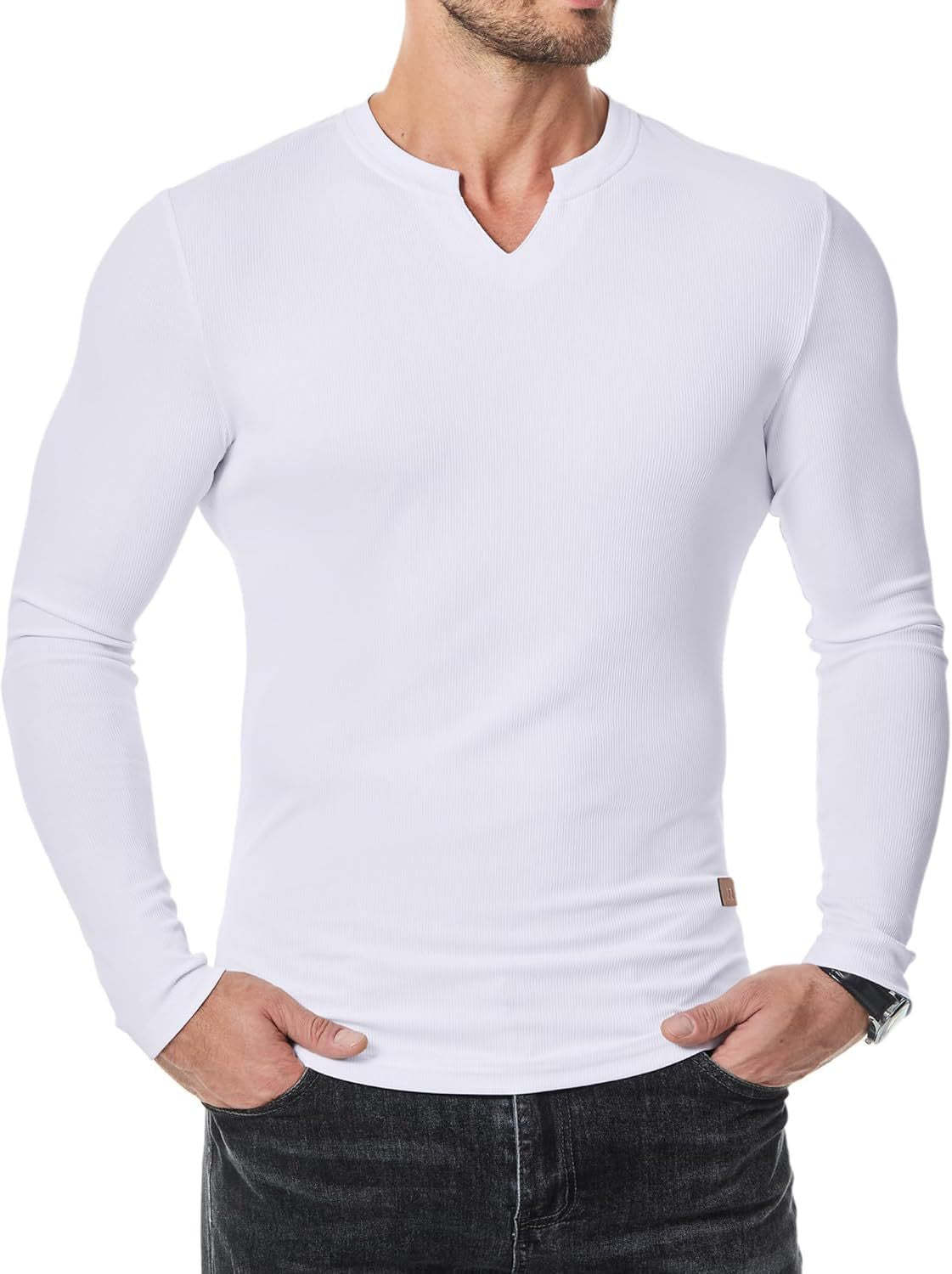 Men's V-neck Ribbed Long-sleeved T-shirt
