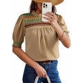 New summer casual round neck puff short sleeve bohemian embroidered shirt top