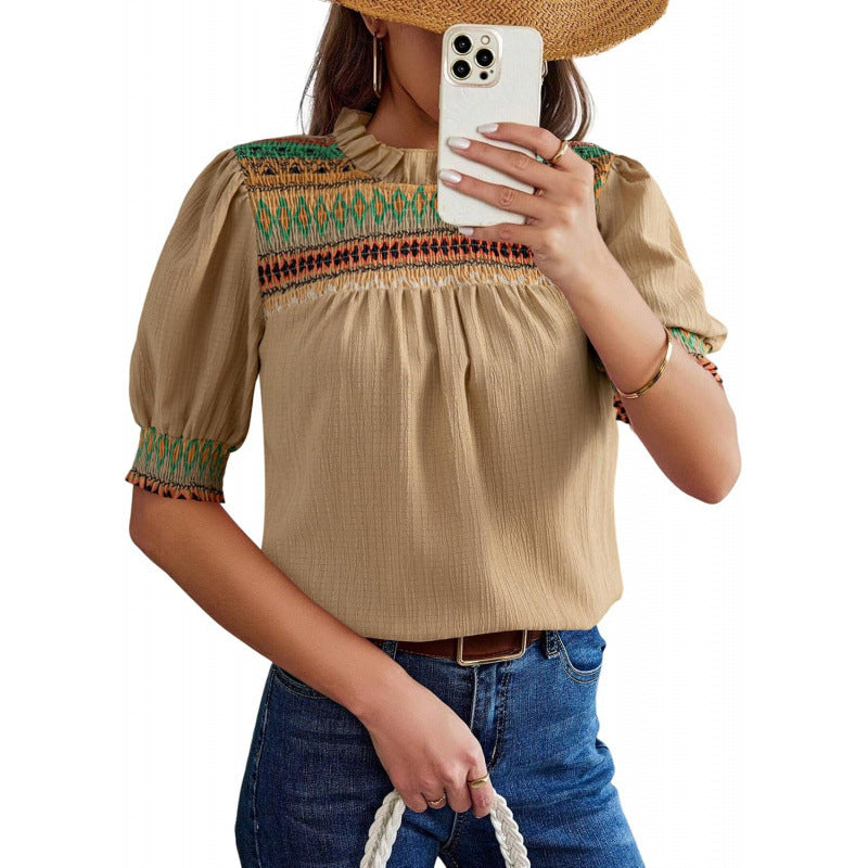 New summer casual round neck puff short sleeve bohemian embroidered shirt top
