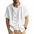 Men's hooded shirt, solid color cotton and linen casual short-sleeved top