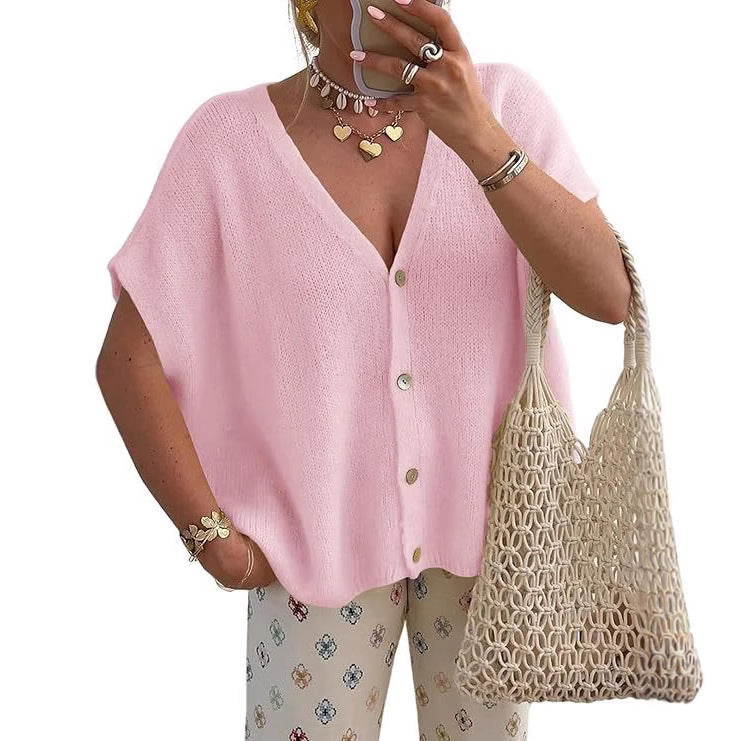 New loose-fitting short-sleeved V-neck solid color knit top for commuting