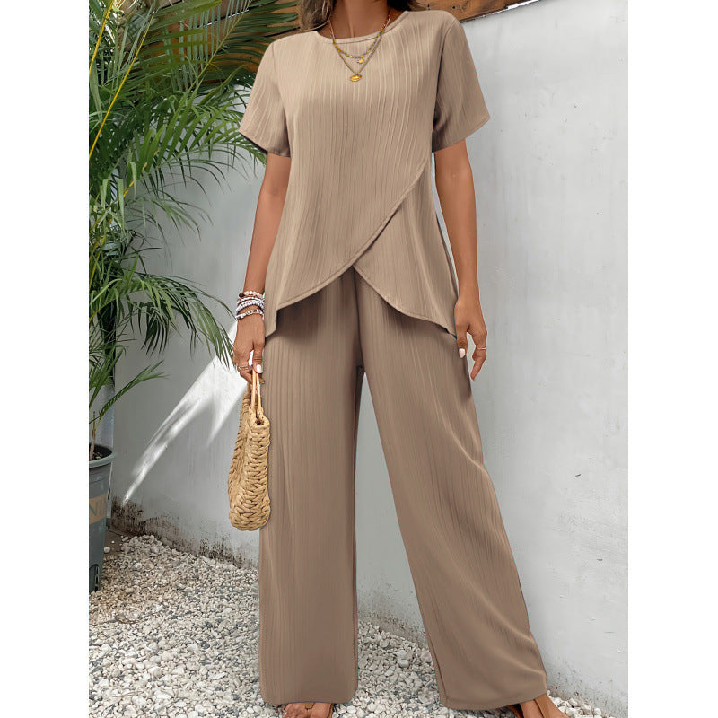 Short-sleeved pullover crew neck casual irregular suit