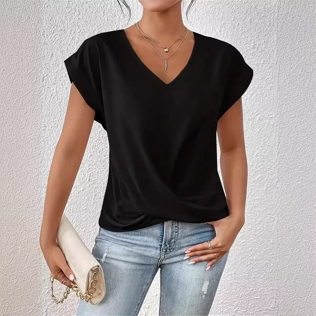 Popular solid color V-neck T-shirt, elegant short-sleeved top
