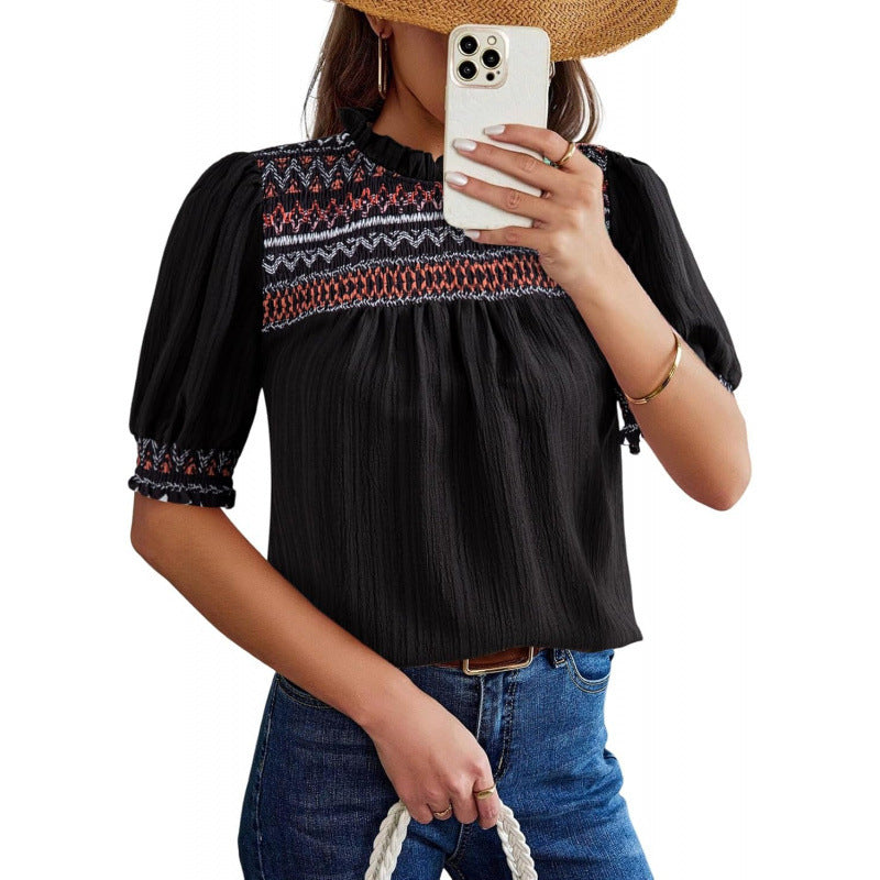 New summer casual round neck puff short sleeve bohemian embroidered shirt top