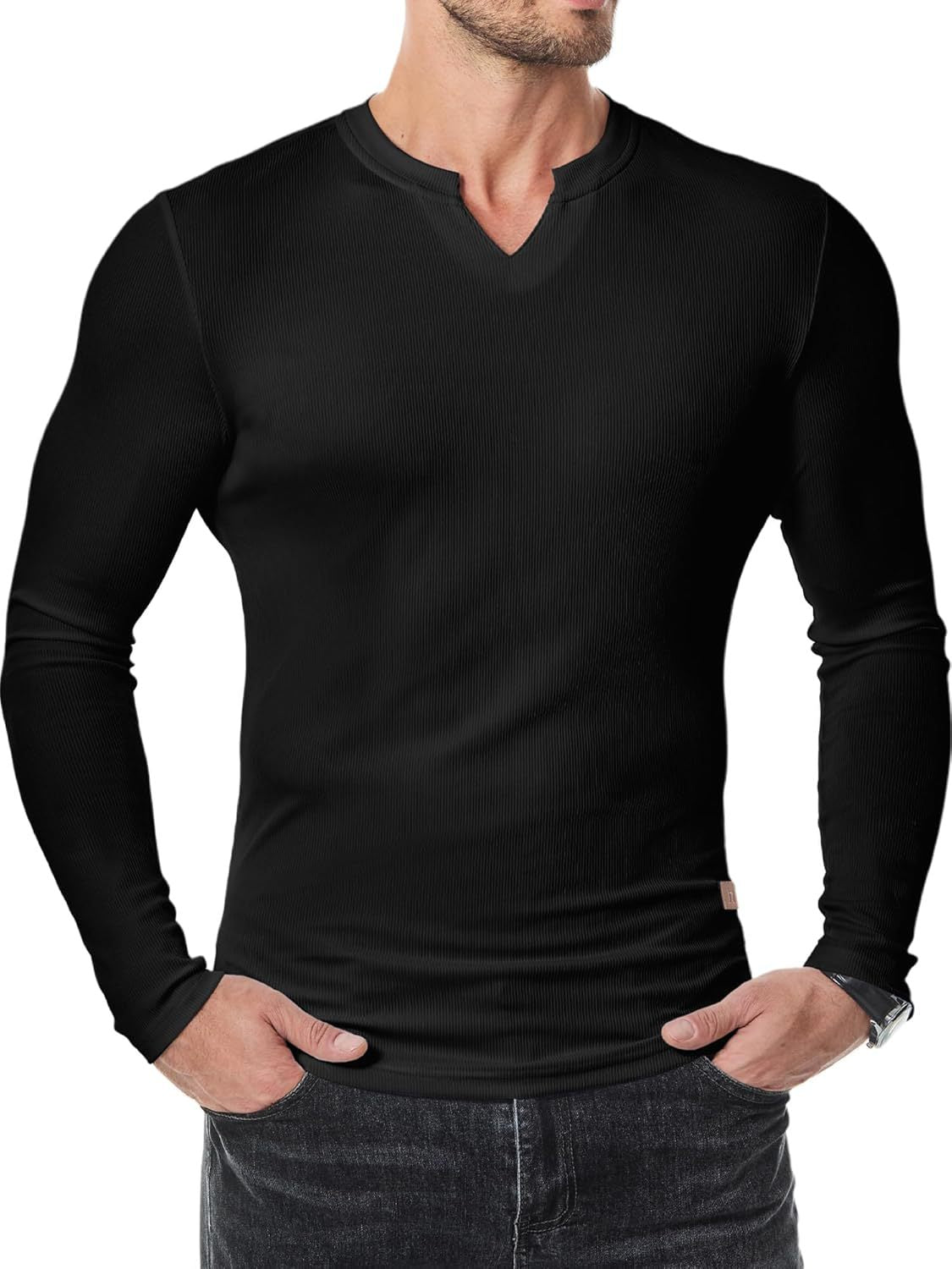 Men's V-neck Ribbed Long-sleeved T-shirt