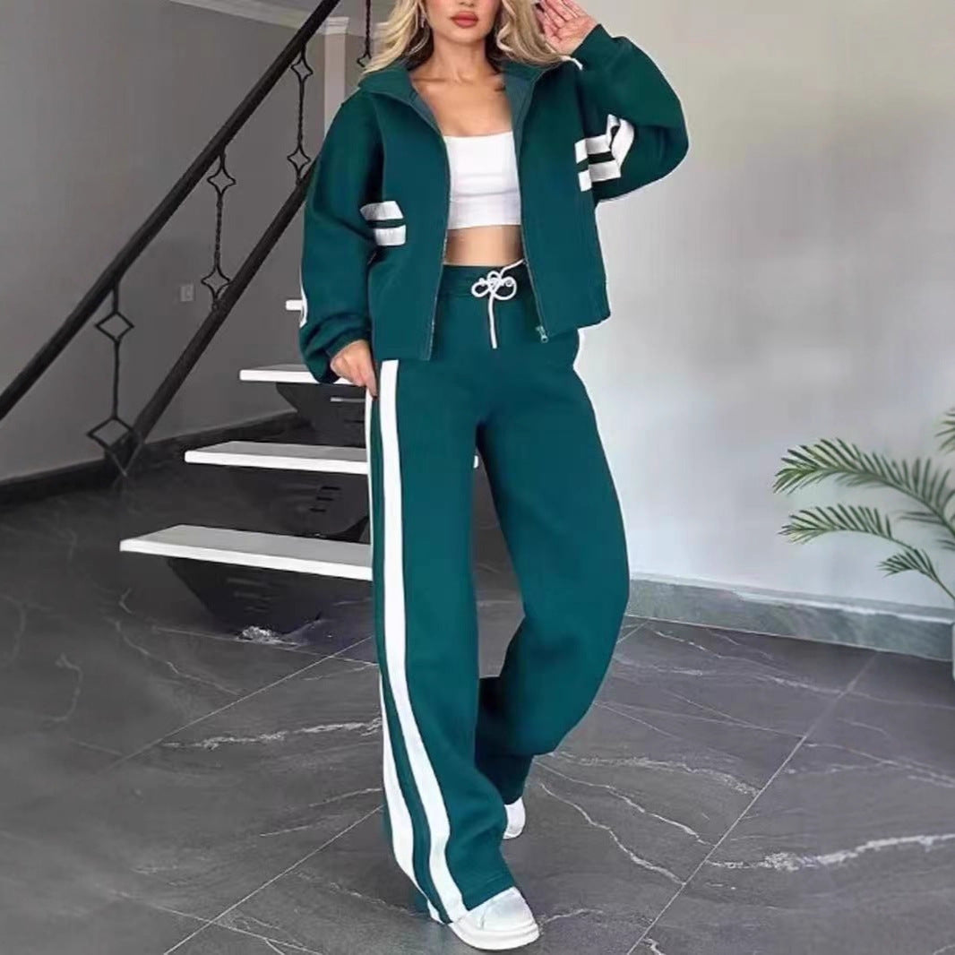 Stylish new color-blocked two-piece spring casual sportswear set