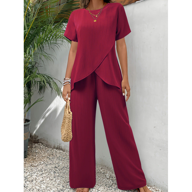 Short-sleeved pullover crew neck casual irregular suit