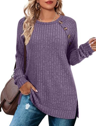 Round neck raglan sleeve T-shirt buttoned waist and side slit long-sleeved top