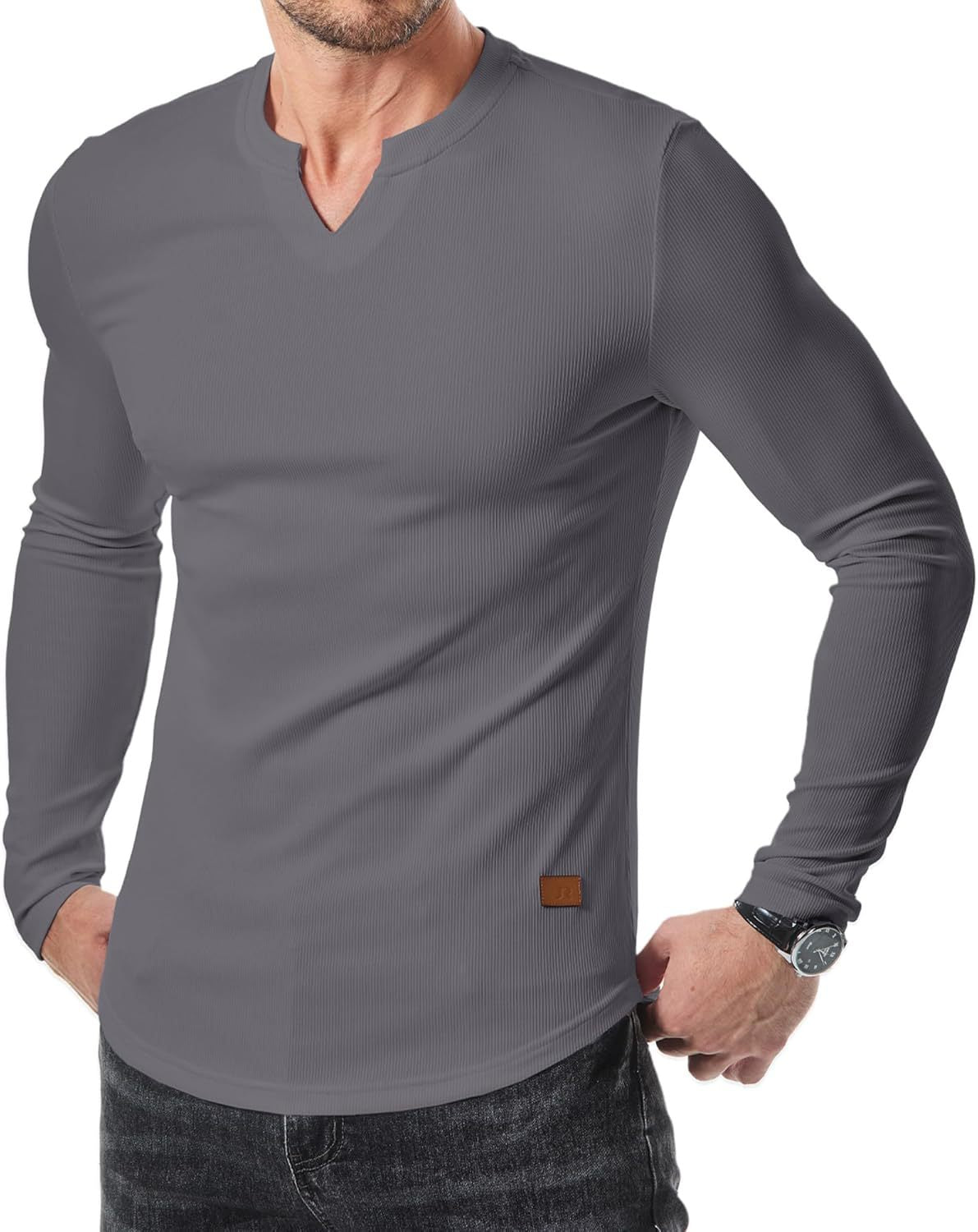 Men's V-neck Ribbed Long-sleeved T-shirt
