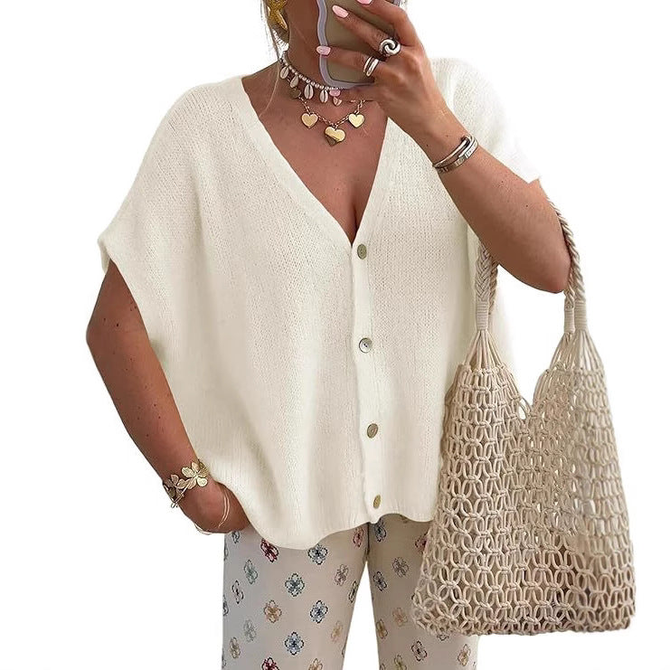 New loose-fitting short-sleeved V-neck solid color knit top for commuting