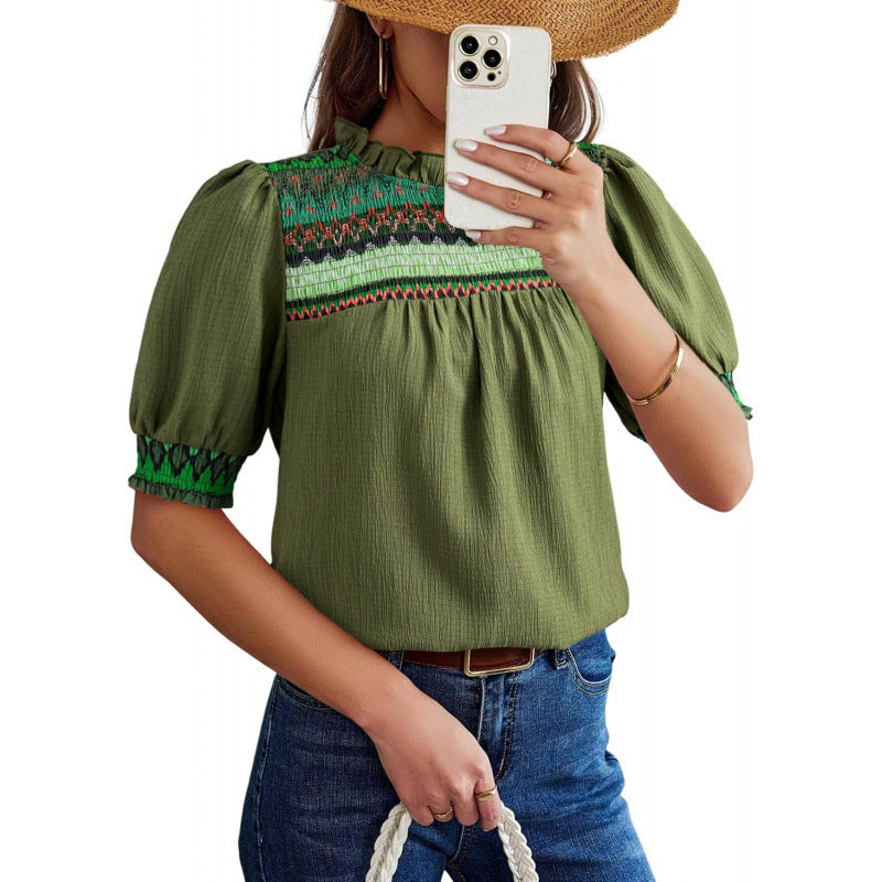 New summer casual round neck puff short sleeve bohemian embroidered shirt top