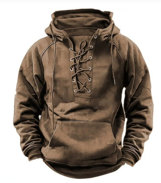 Outdoor Retro Lace-up Hooded Long-Sleeve T-Shirt