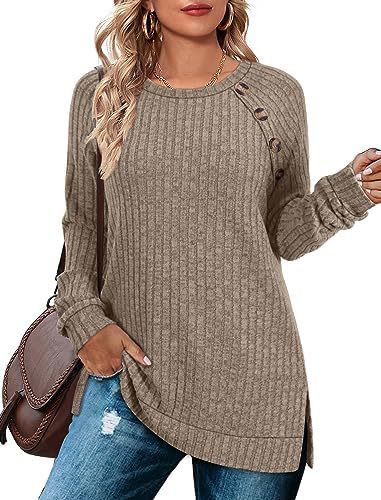 Round neck raglan sleeve T-shirt buttoned waist and side slit long-sleeved top