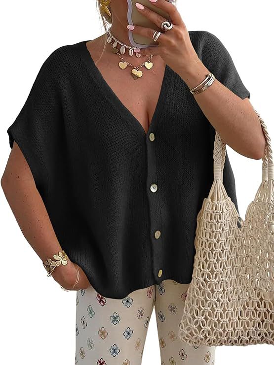 New loose-fitting short-sleeved V-neck solid color knit top for commuting