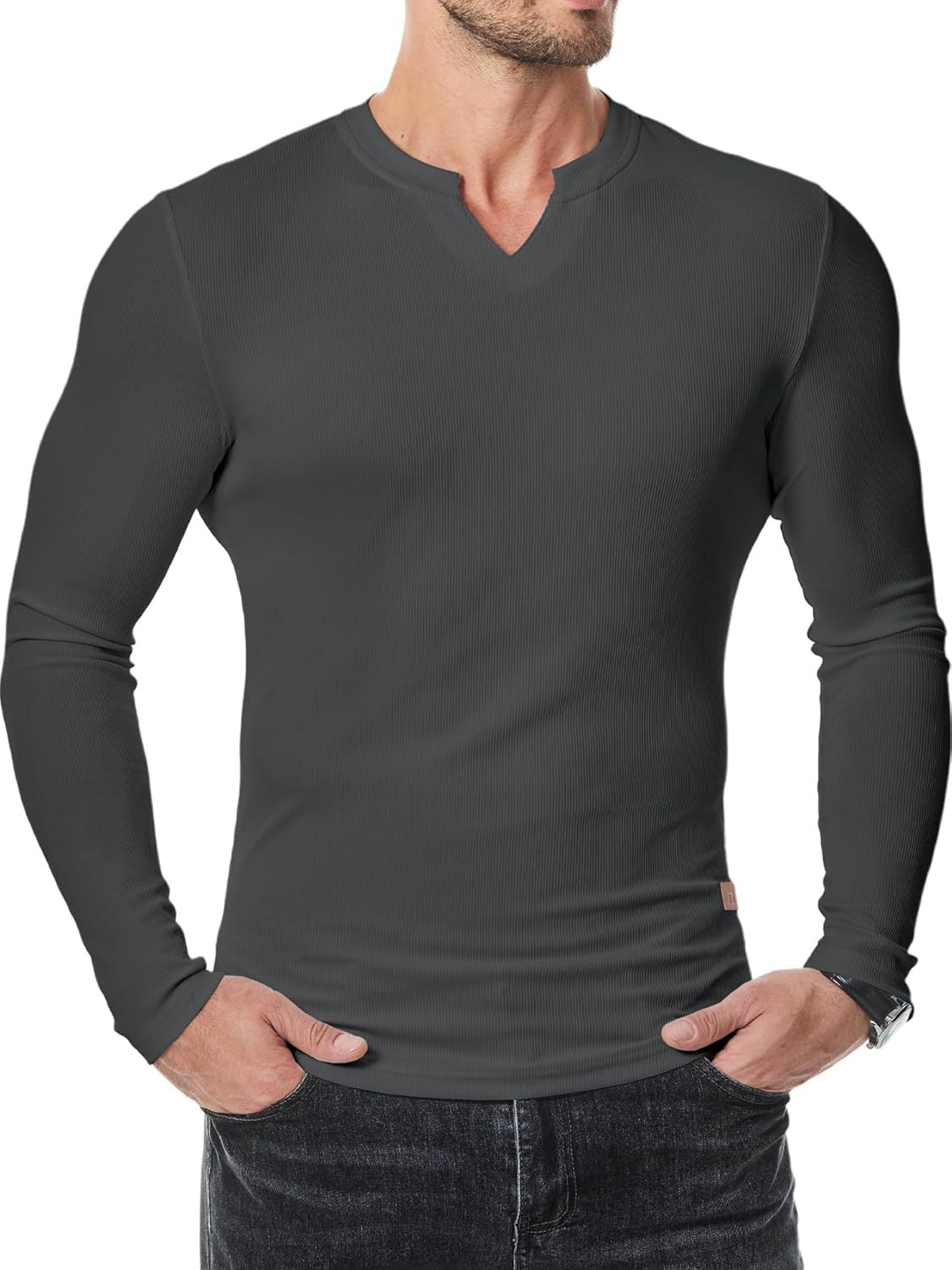 Men's V-neck Ribbed Long-sleeved T-shirt