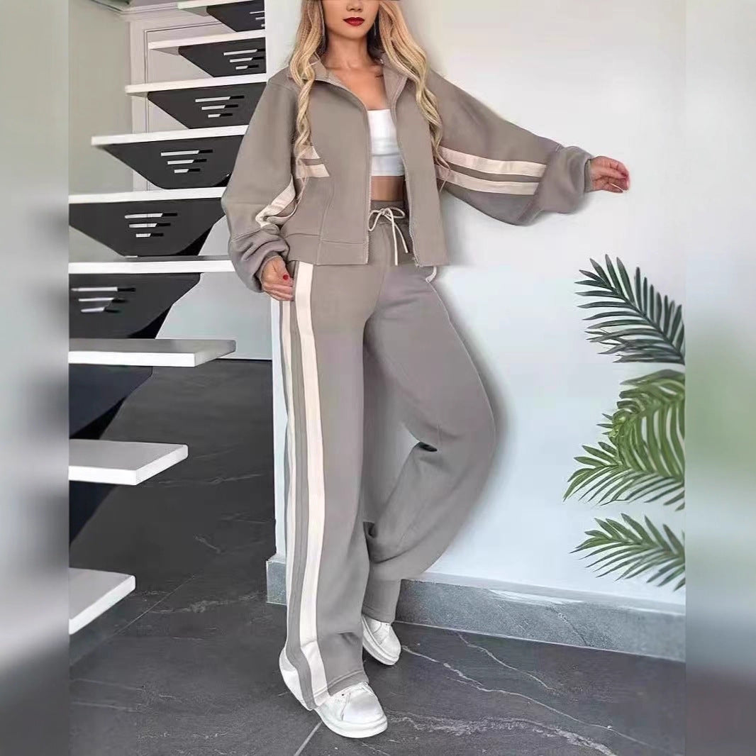 Stylish new color-blocked two-piece spring casual sportswear set
