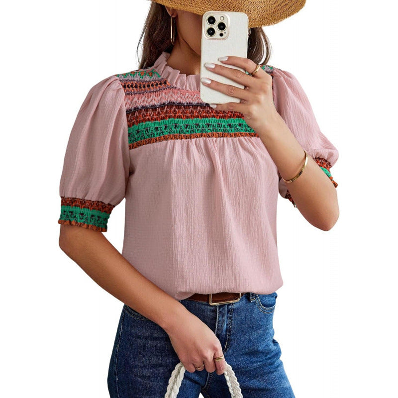 New summer casual round neck puff short sleeve bohemian embroidered shirt top