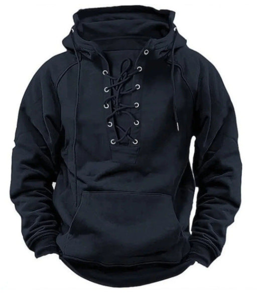 Outdoor Retro Lace-up Hooded Long-Sleeve T-Shirt