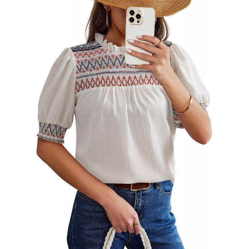 New summer casual round neck puff short sleeve bohemian embroidered shirt top