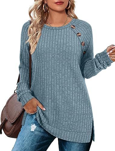 Round neck raglan sleeve T-shirt buttoned waist and side slit long-sleeved top
