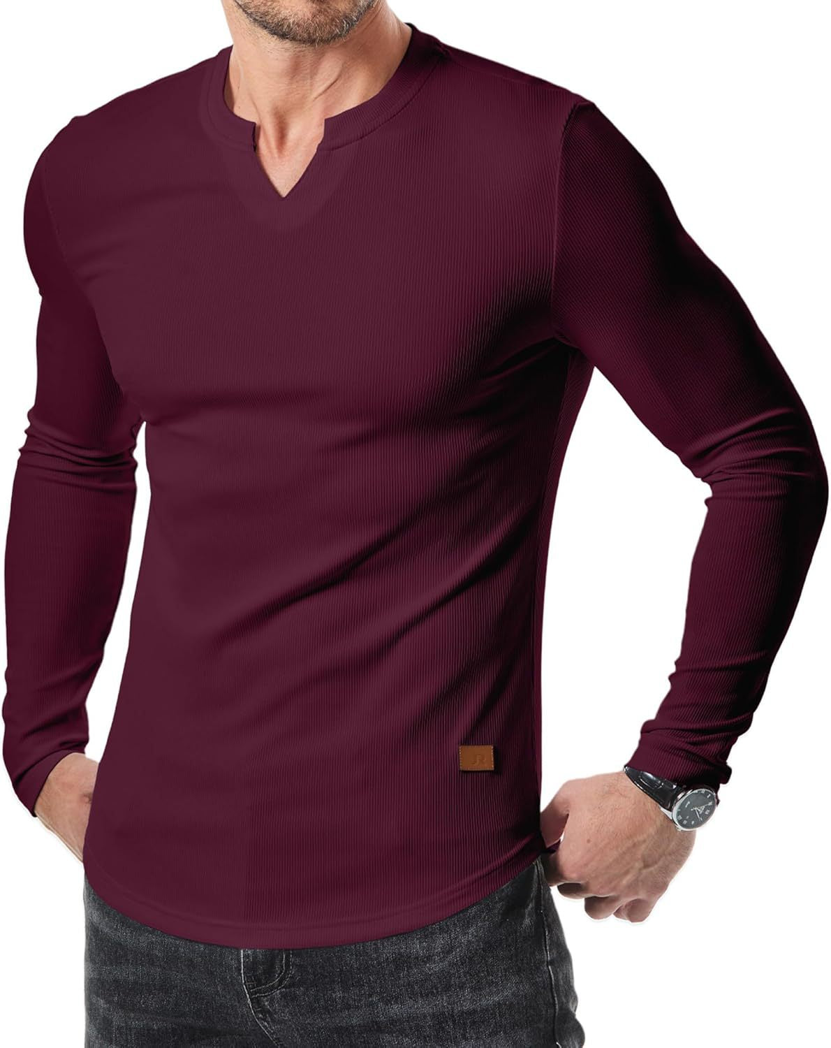 Men's V-neck Ribbed Long-sleeved T-shirt