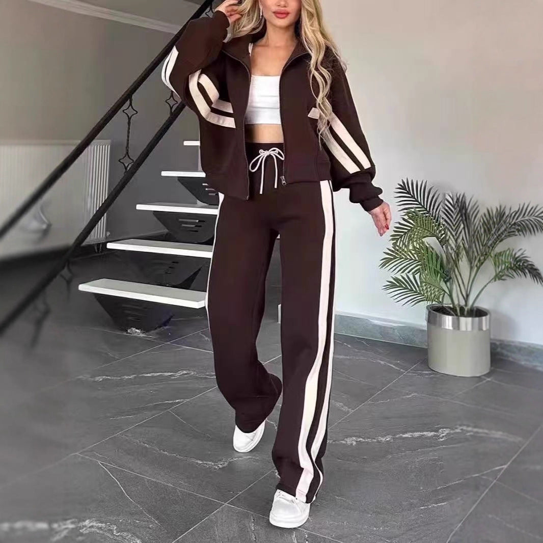 Stylish new color-blocked two-piece spring casual sportswear set