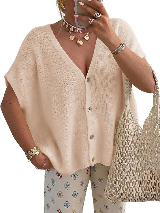 New loose-fitting short-sleeved V-neck solid color knit top for commuting