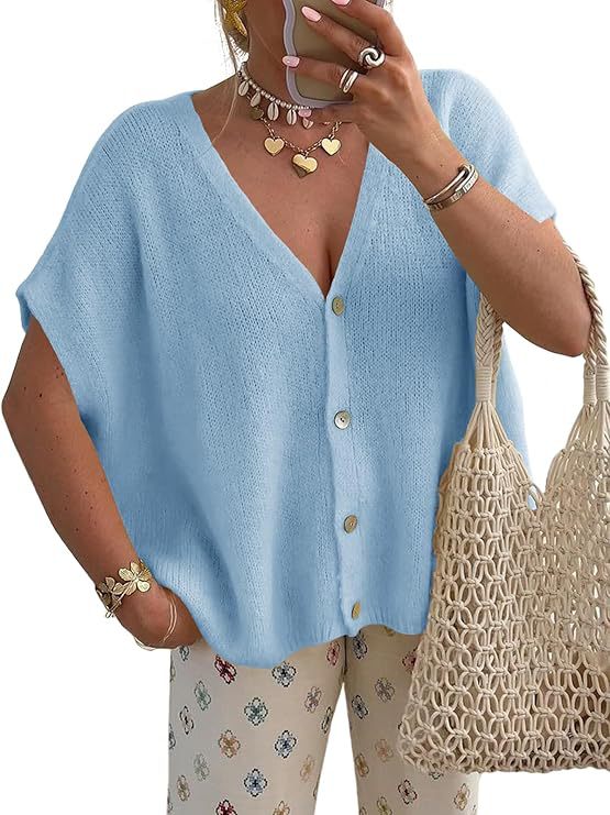 New loose-fitting short-sleeved V-neck solid color knit top for commuting