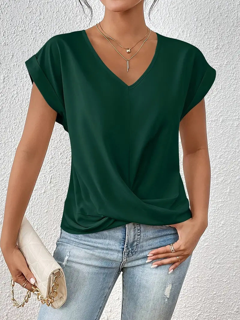 Popular solid color V-neck T-shirt, elegant short-sleeved top