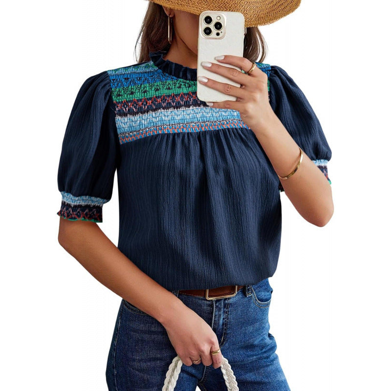 New summer casual round neck puff short sleeve bohemian embroidered shirt top