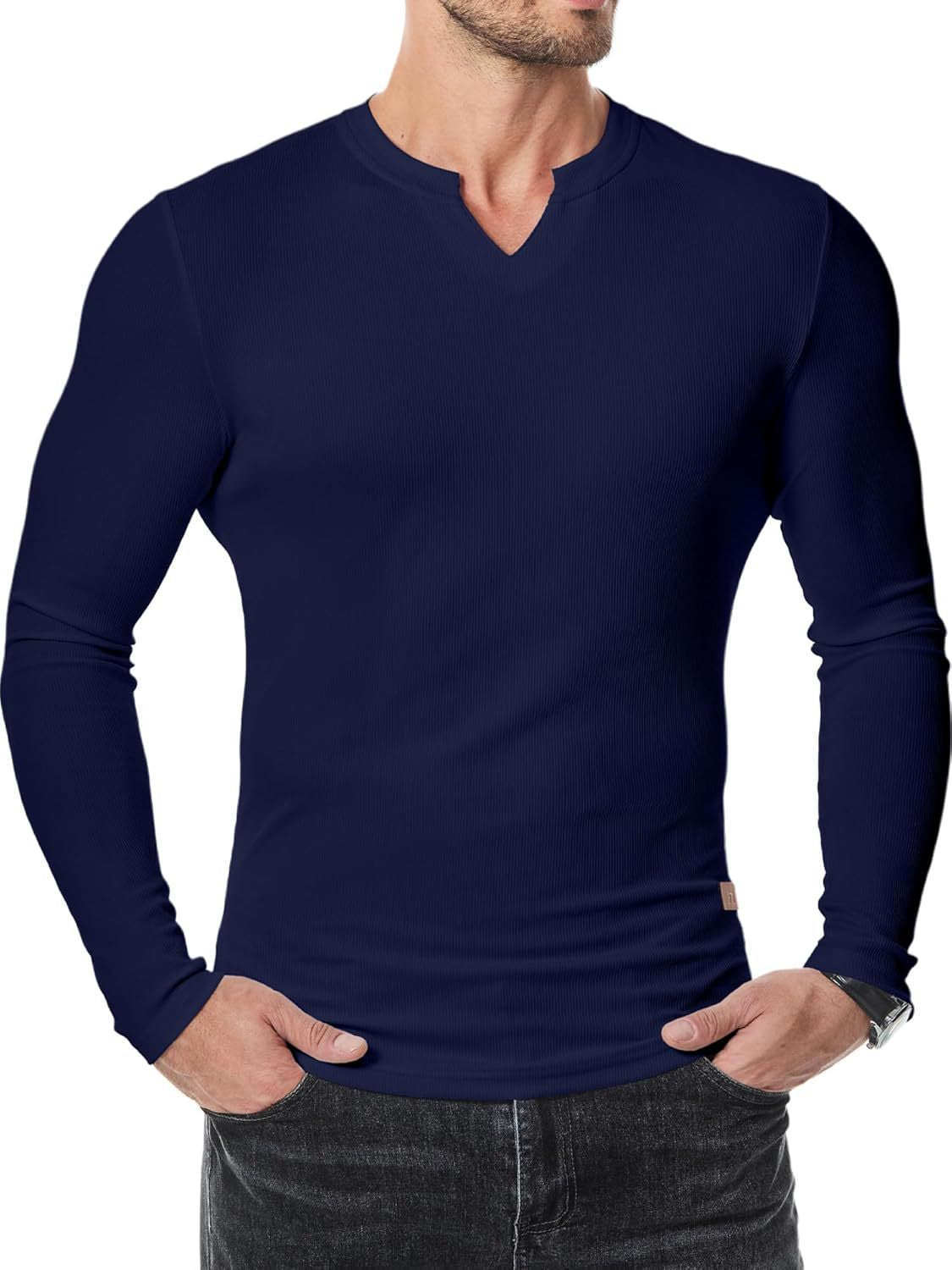 Men's V-neck Ribbed Long-sleeved T-shirt