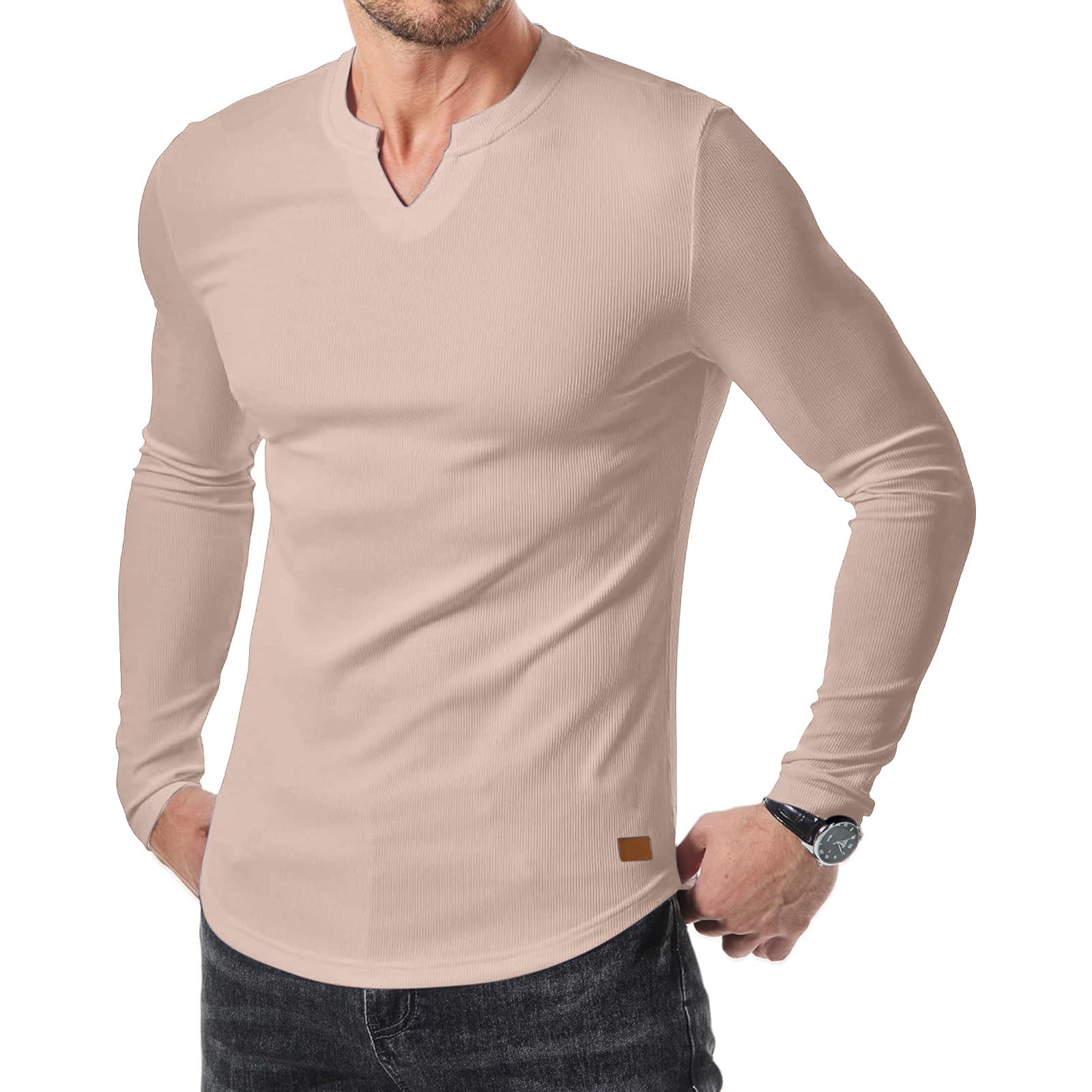 Men's V-neck Ribbed Long-sleeved T-shirt