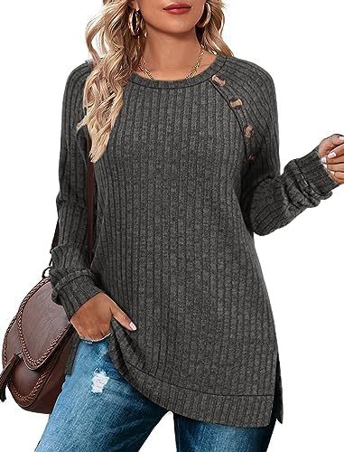 Round neck raglan sleeve T-shirt buttoned waist and side slit long-sleeved top