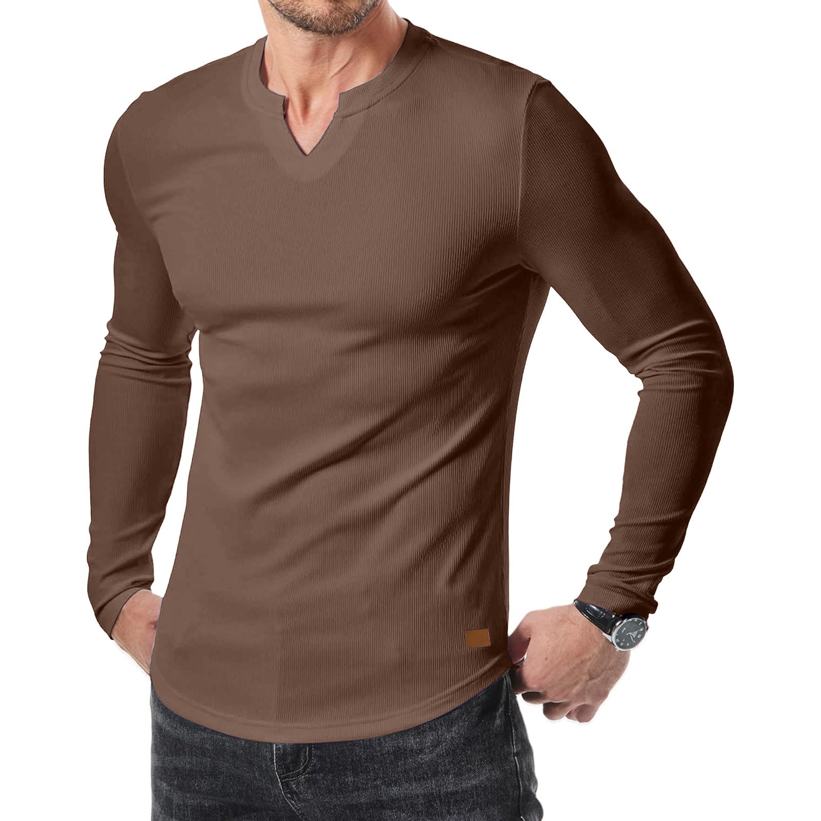 Men's V-neck Ribbed Long-sleeved T-shirt